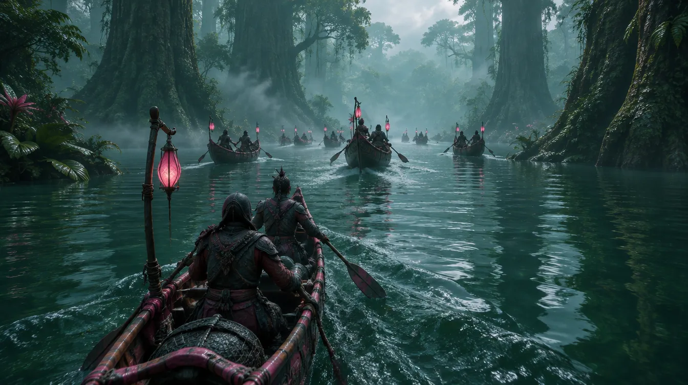 Kamera orang ketiga di buritan kano guild: dua pendayung di depan, kano meluncur di jalur banjir di antara batang raksasa, enam kano lain berlentera di kejauhan.