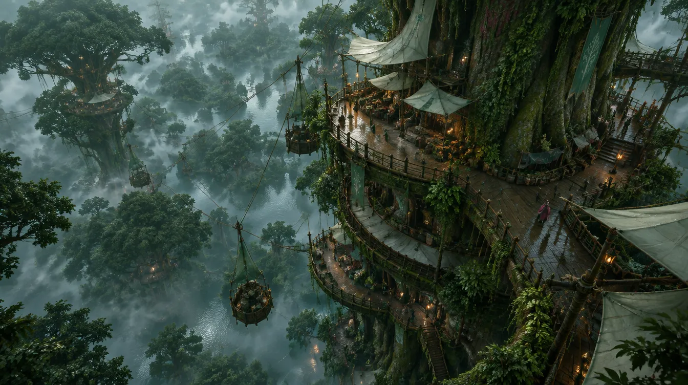 Highbough dari atas kanopi: teras kayu bertingkat melingkari satu batang raksasa, atap kain layar, dan lift tali di antara kabut.