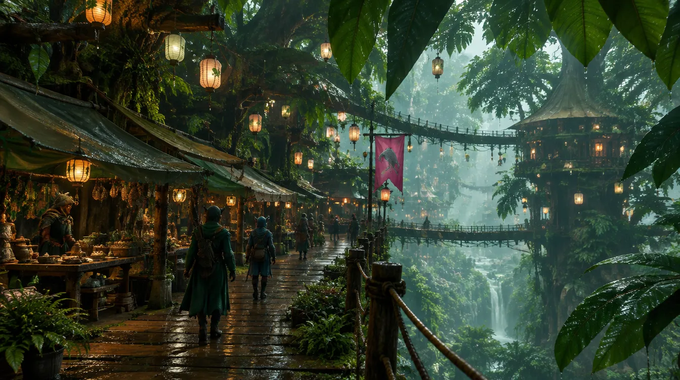 Lanternreach setinggi mata: jalan papan basah di bawah daun raksasa, lentera kertas bergantung, kios beratap kanvas.