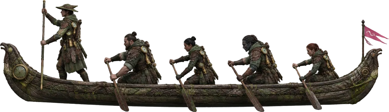 Kano perang guild dengan lima pemain mendayung, satu berdiri di haluan memegang galah.