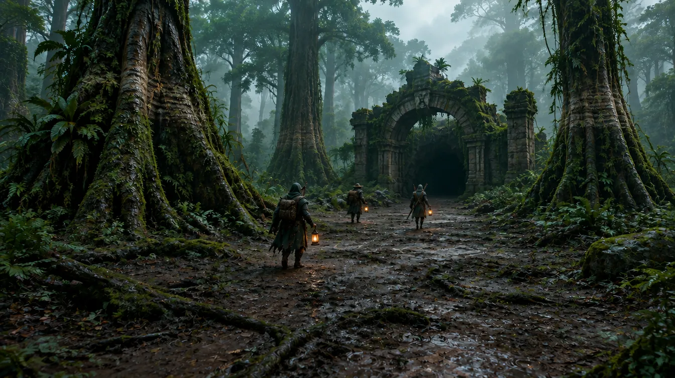 Dry Season di The Sunken Gate: lantai hutan berlumpur, gerbang batu berdiri di tanah dengan mulut gua di bawahnya, pemain berjalan membawa lentera.