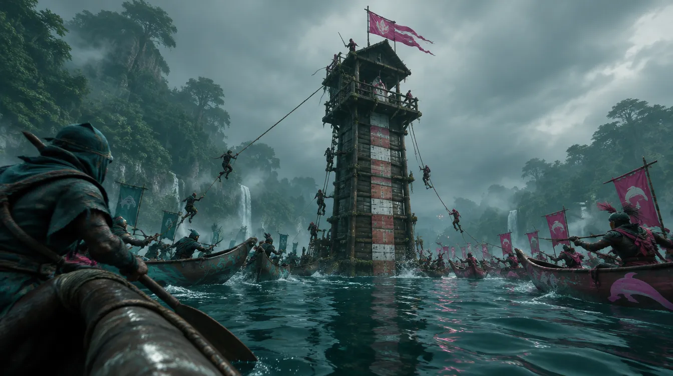 Perang guild di sekitar menara pengukur air dari kayu bergaris ukur: dua armada kano bertabrakan, pemain memanjat dengan tali, panji merah muda di puncak.